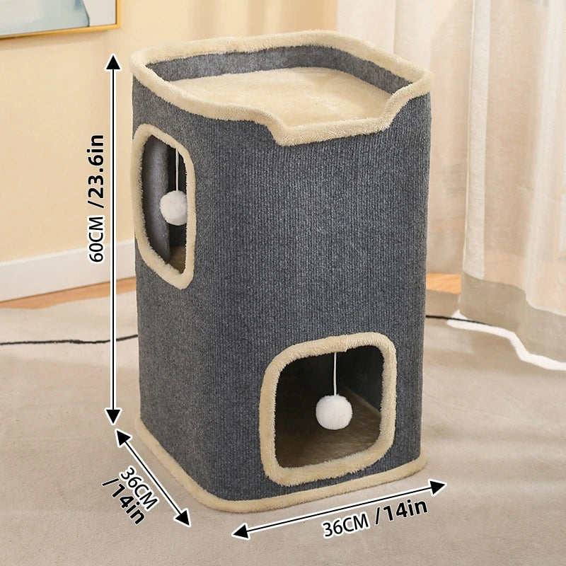 Gray and beige cat tree with dimensions indicated on a neutral background