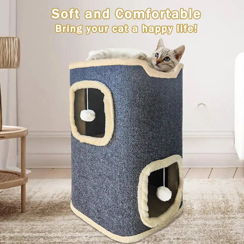 Cat playing with a soft and comfortable cat tree in a room.