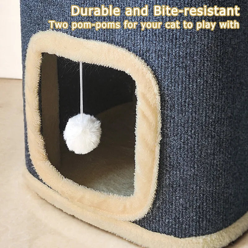 Cat playhouse with a white pom-pom hanging inside, text indicating durability and cat playability.