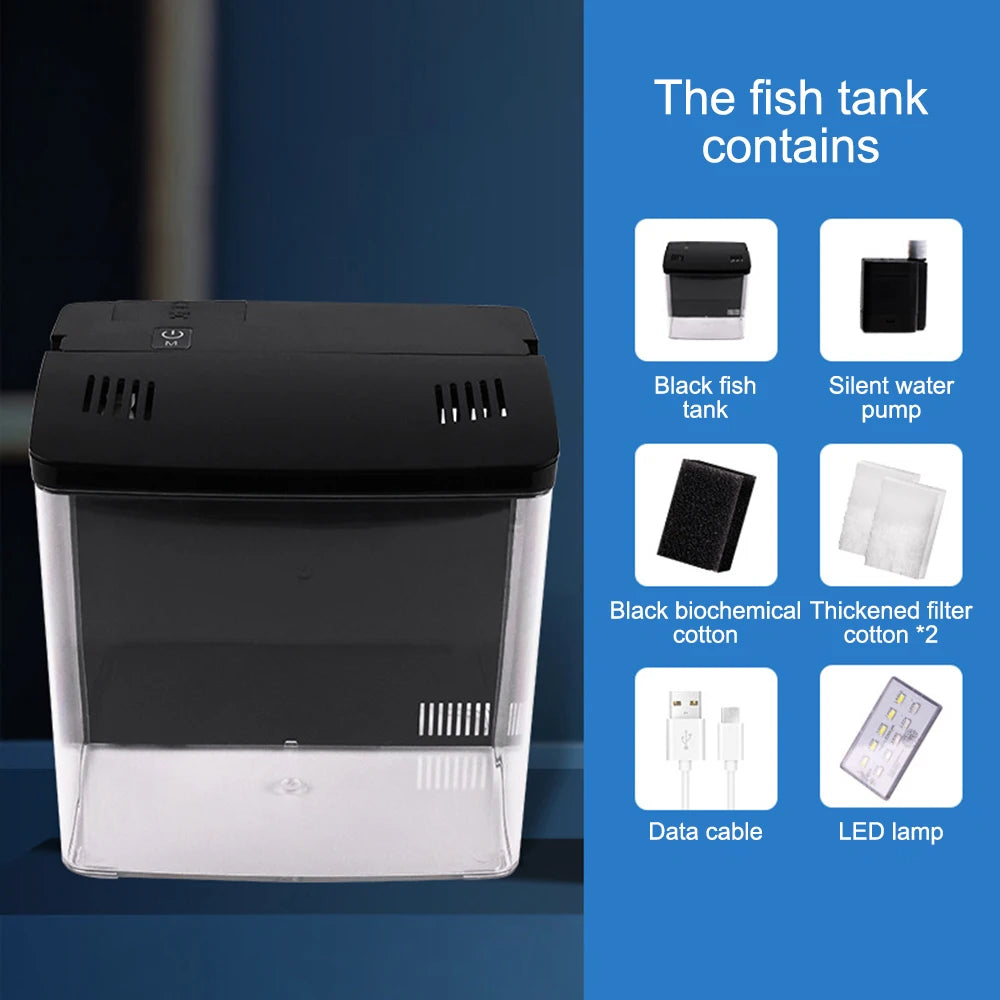 Black fish tank with components listed on a blue background