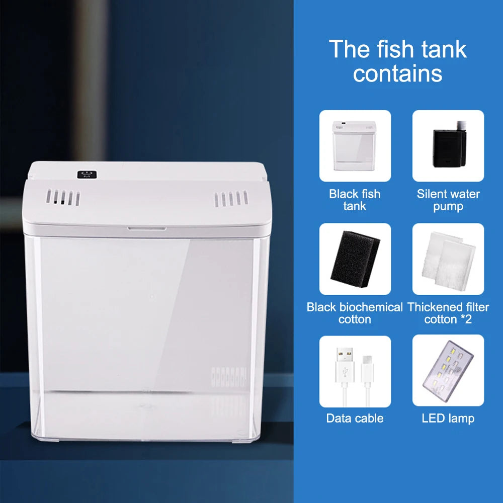 White fish tank with components listed on a blue background
