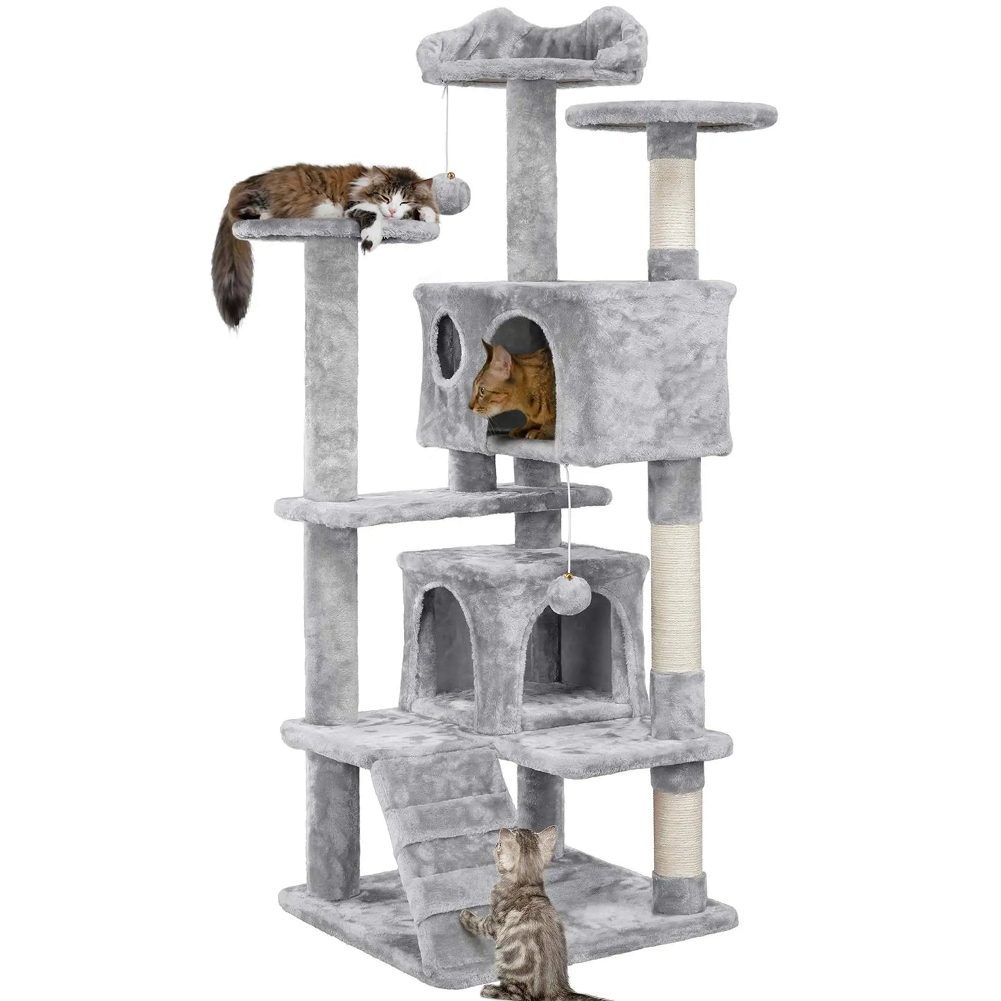 Gray cat tree with multiple levels and a cat perched on each level.