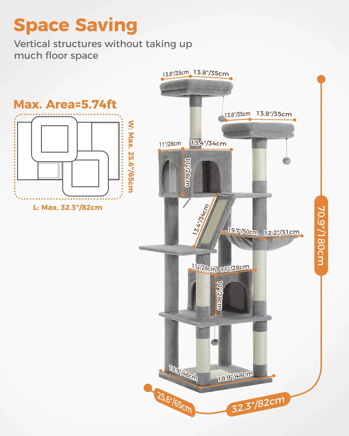 Gray cat tree with dimensions and space-saving features on a white background