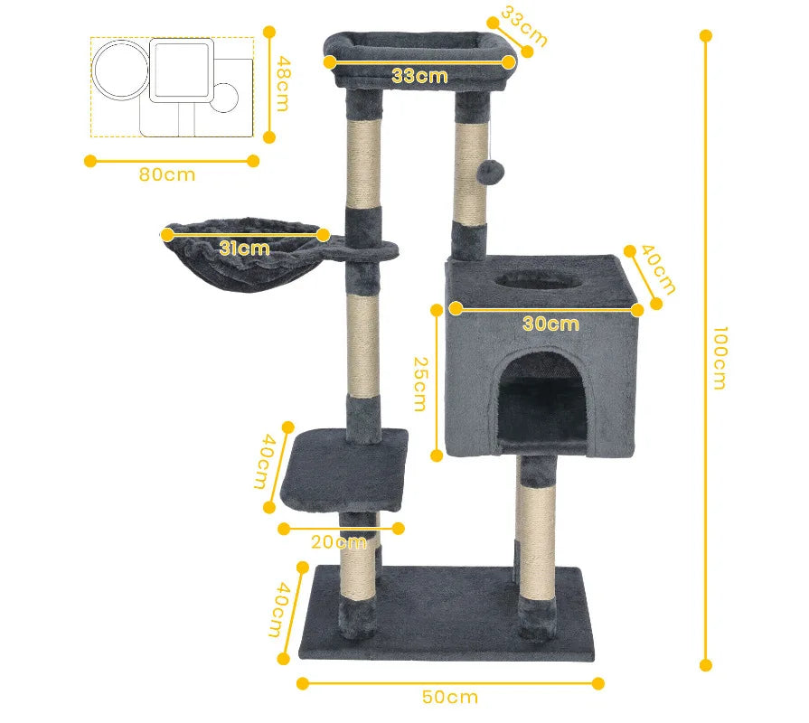 Cat tree with dimensions labeled on a white background
