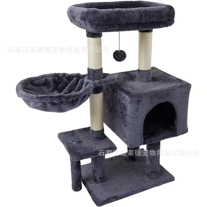 Cat tree with multiple levels, a hammock, and a scratching post on a white background.