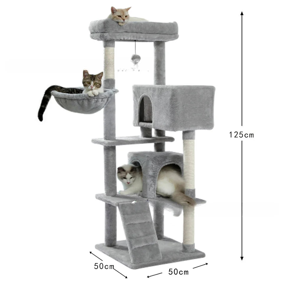 Cat tree with multiple levels and a hammock, featuring cats on different levels, with dimensions indicated.