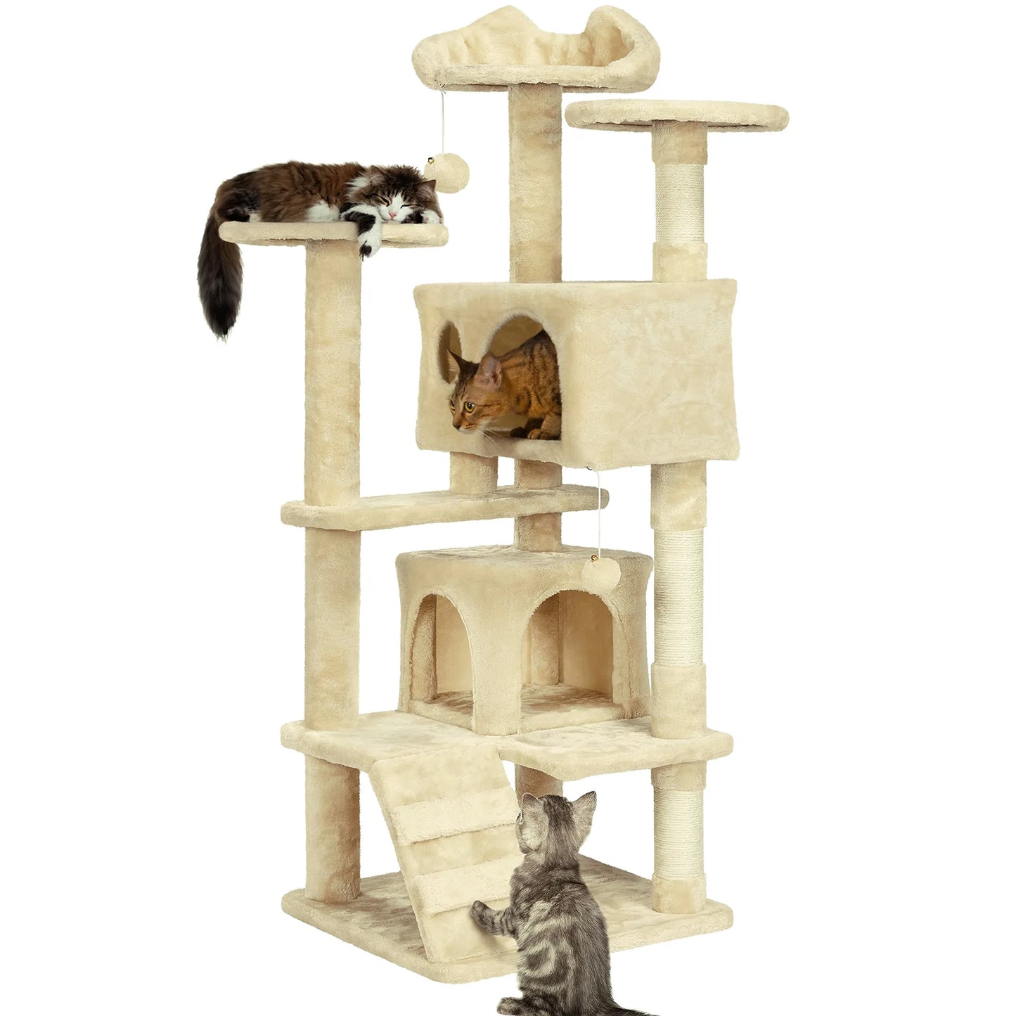 Beige multi-level cat tree with cats on a white background