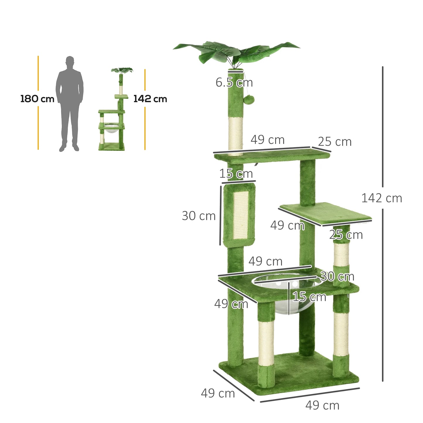 Green cat tree with dimensions labeled on a white background