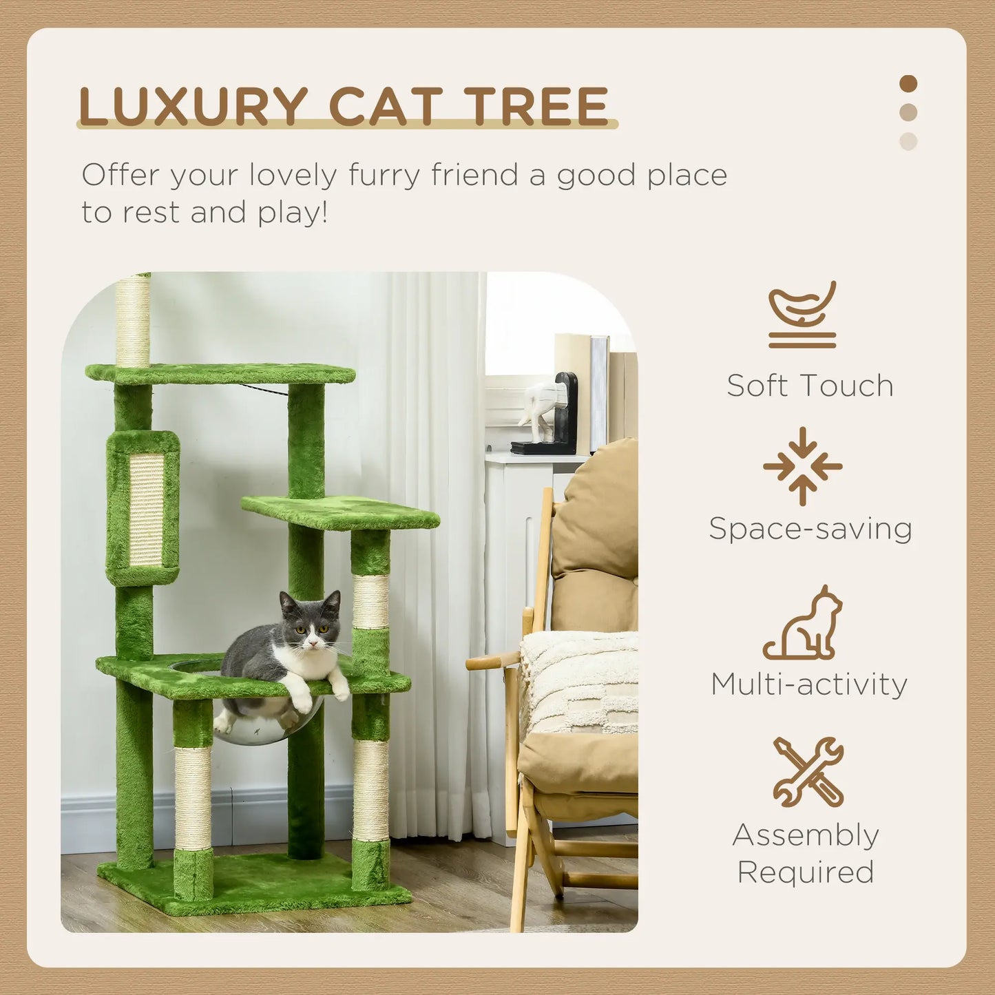 Green cat tree with a cat on top, surrounded by text highlighting features and benefits.