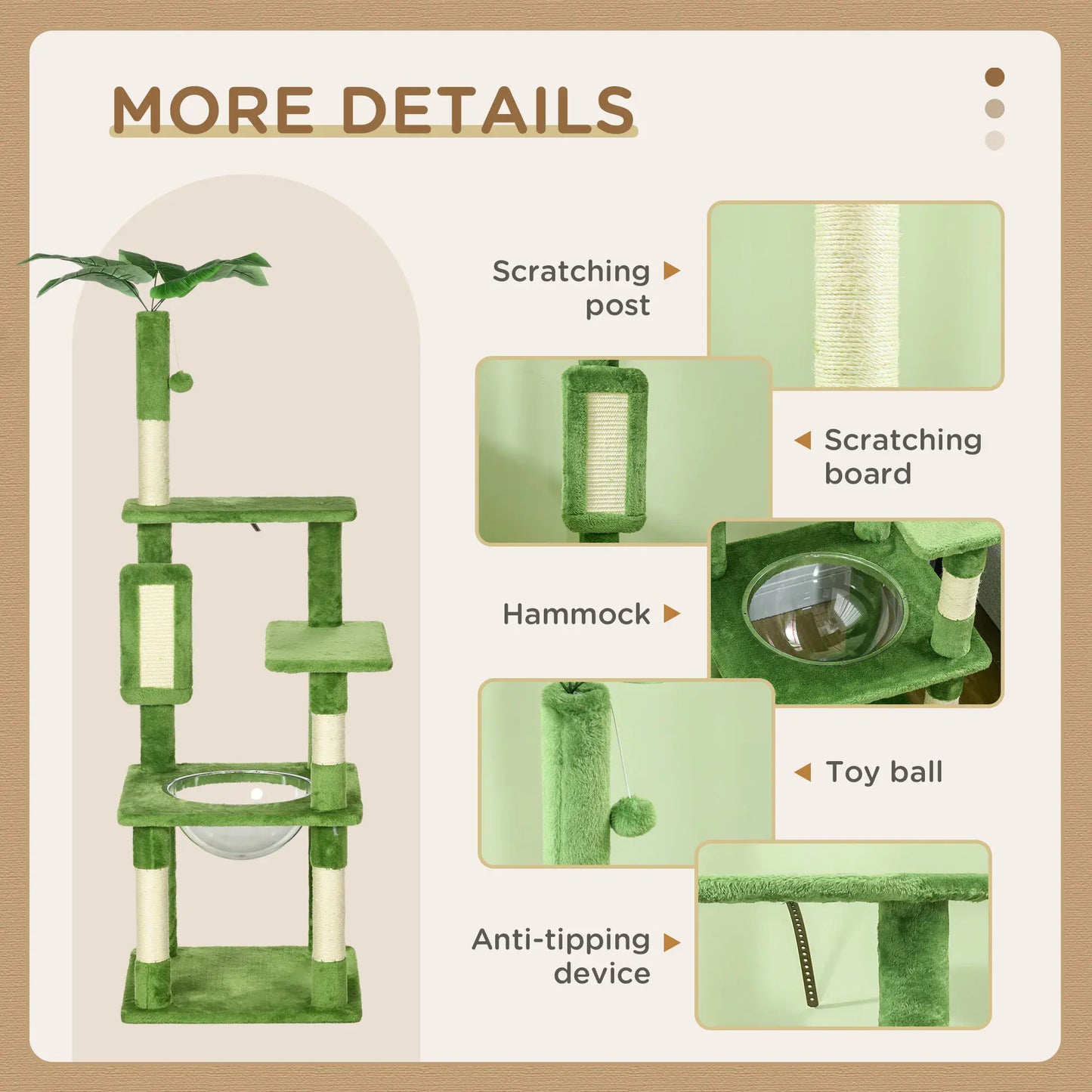 Green cat tree with scratching post, hammock, toy ball, and anti-tipping device on a beige background.