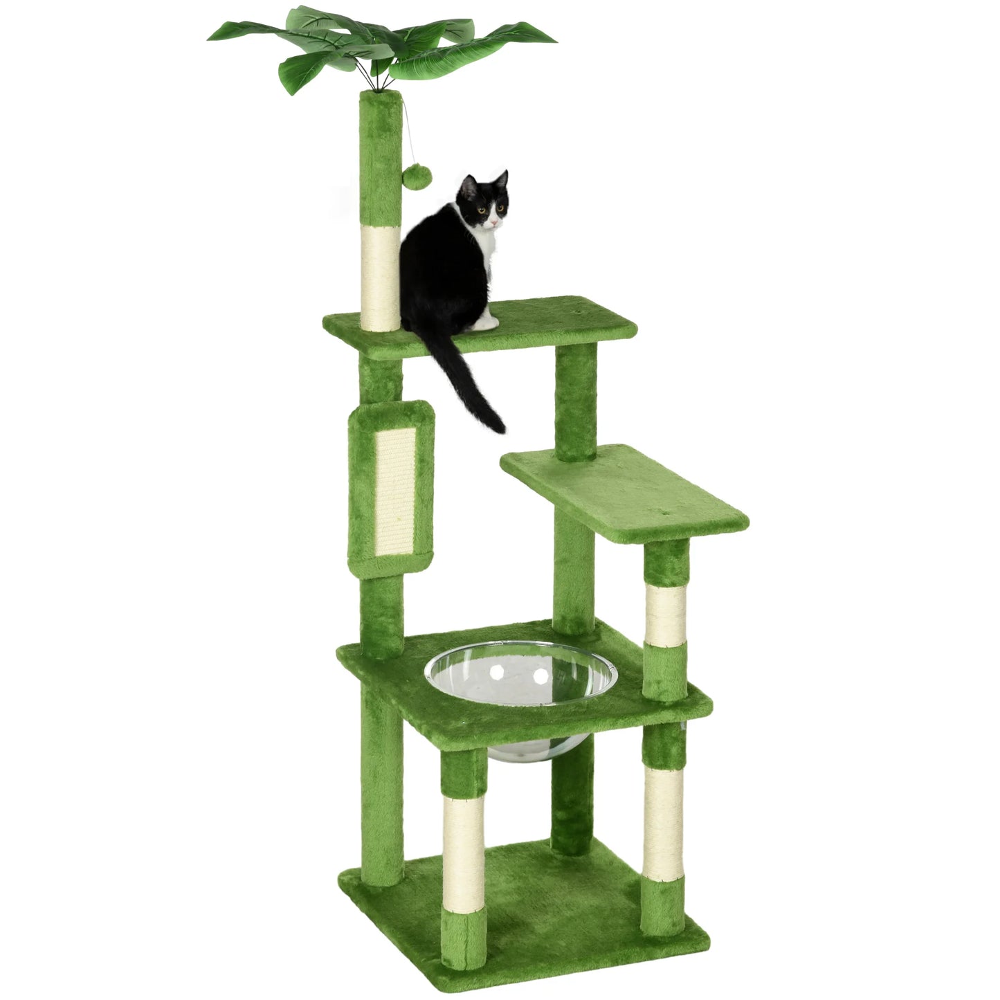 Green cat tree with a black and white cat on a white background