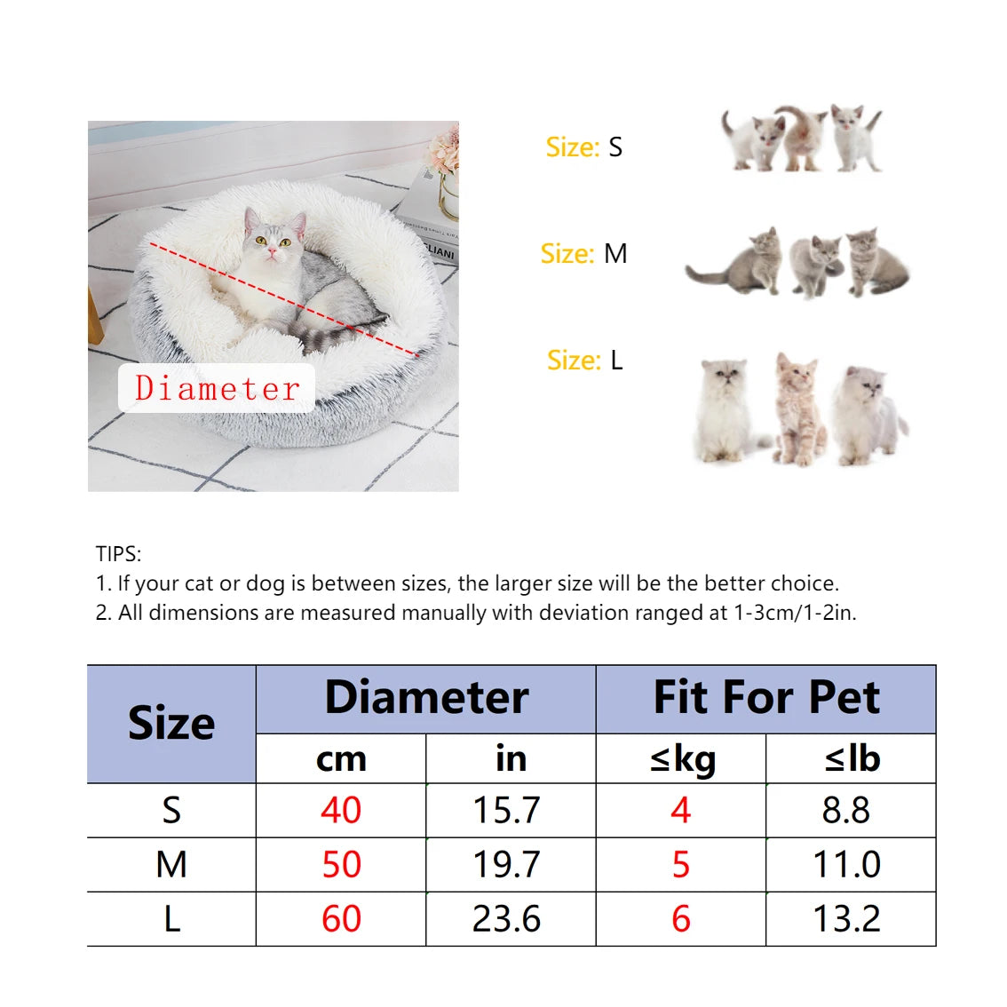 Cat bed size chart with measurements and pet illustrations