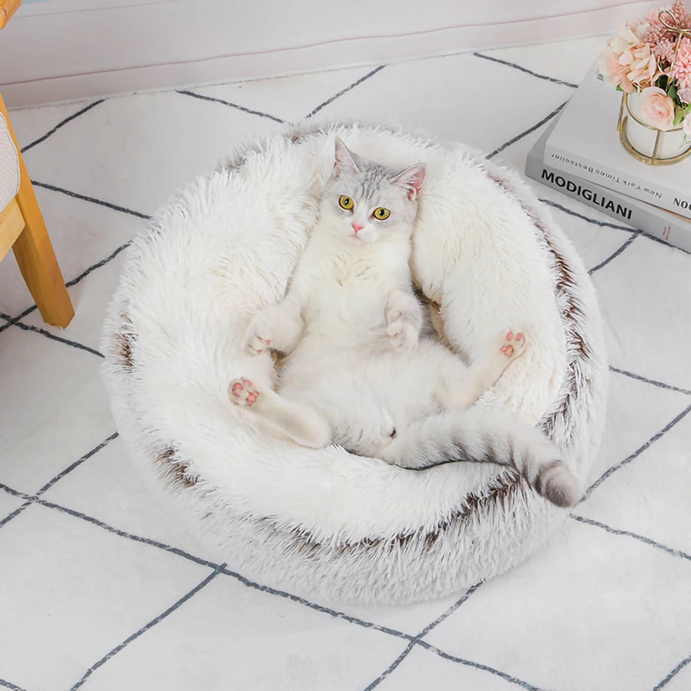 White cat with gray patches sitting on a fluffy white pet bed on a tiled floor.