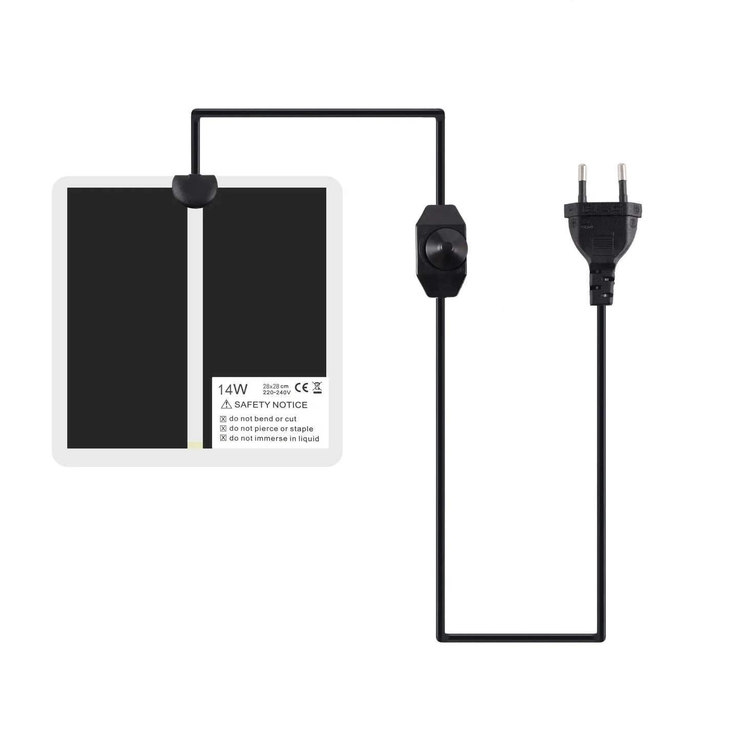 Black heating pad with power cord on a white background