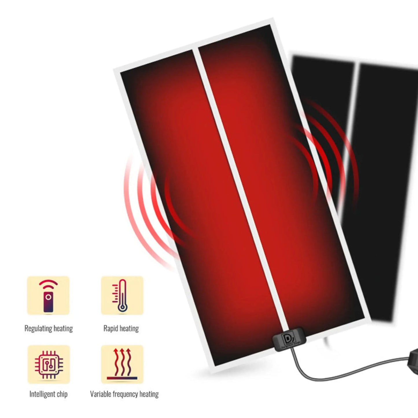 Heating pad with features indicated by icons on a white background