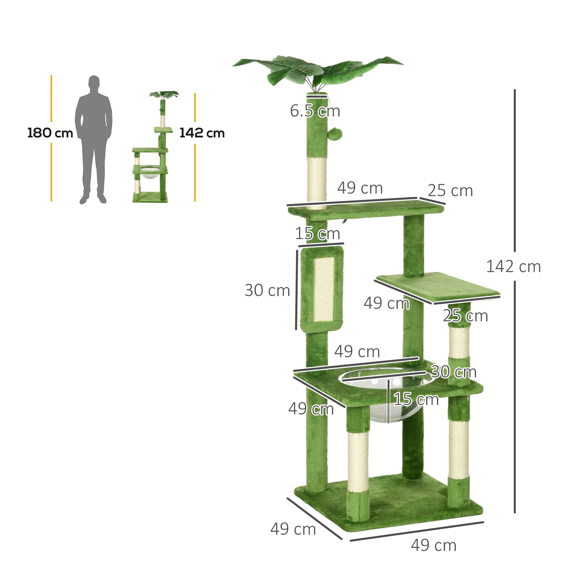 Green cat tree with dimensions labeled on a white background
