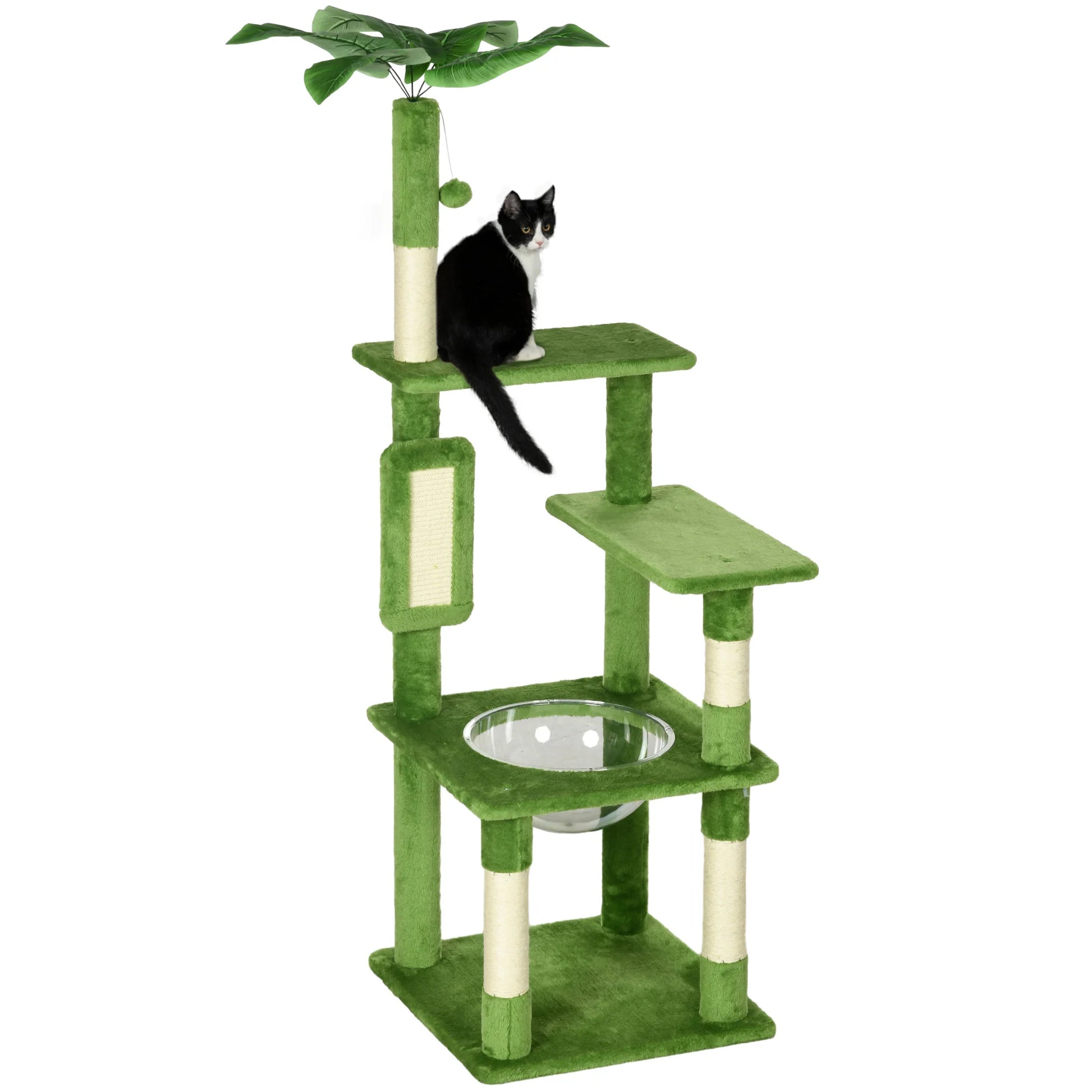 Green cat tree with a black and white cat on a white background