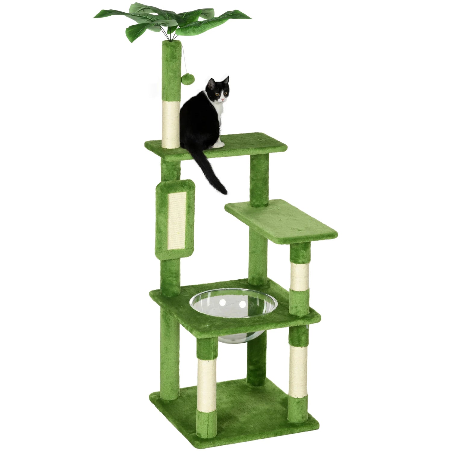 Green cat tree with a black and white cat sitting on top, on a white background